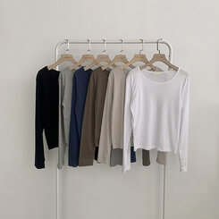 답답함 없는 리나 라운드 긴팔 가을 티셔츠 세미 크롭 캐주얼 무지 Y2K 긴팔티 6color