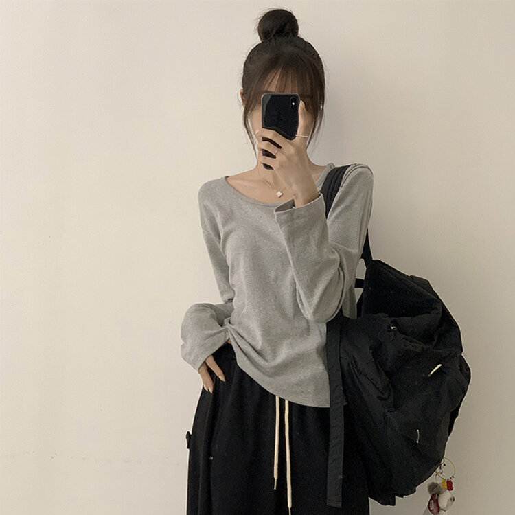 ラウンドセミクロップ長袖Tシャツ(6color) GRAY