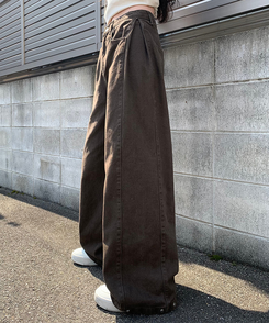 コットンパンツ サイドスナップワイドコットンパンツ BROWN