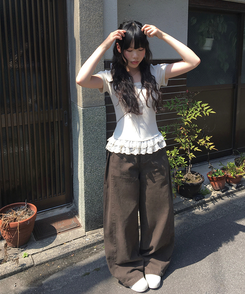 コットンパンツ サイドスナップワイドコットンパンツ BROWN