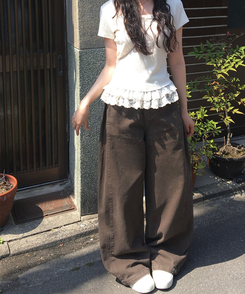 コットンパンツ サイドスナップワイドコットンパンツ BROWN