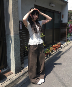 コットンパンツ サイドスナップワイドコットンパンツ BROWN