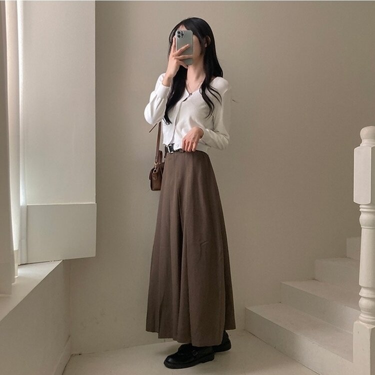 올비기닝 핀턱 밴딩 롱 플리츠 스커트 브라운