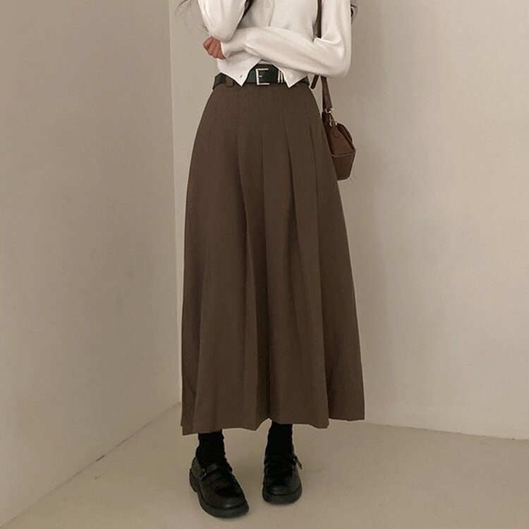올비기닝 핀턱 밴딩 롱 플리츠 스커트 브라운