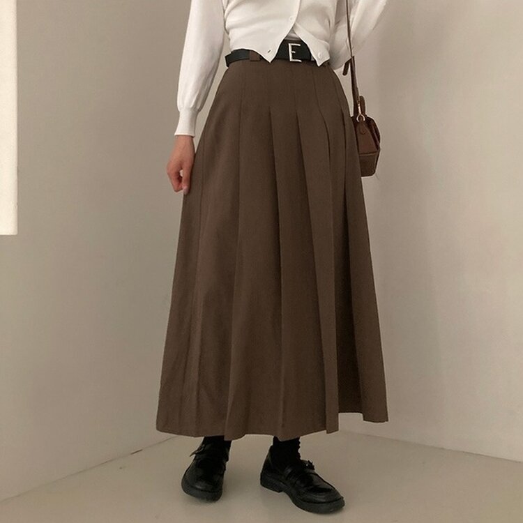 올비기닝 핀턱 밴딩 롱 플리츠 스커트 브라운