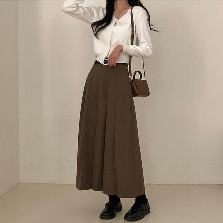 올비기닝 핀턱 밴딩 롱 플리츠 스커트 브라운