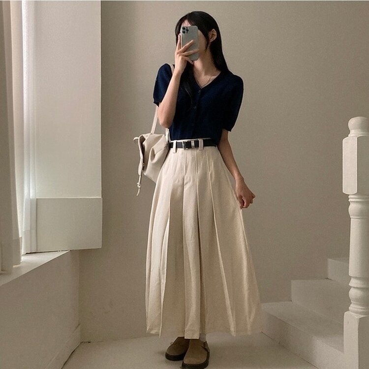 올비기닝 핀턱 밴딩 롱 플리츠 스커트 베이지