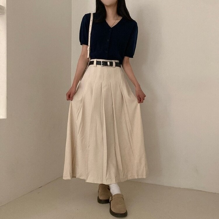 올비기닝 핀턱 밴딩 롱 플리츠 스커트 베이지