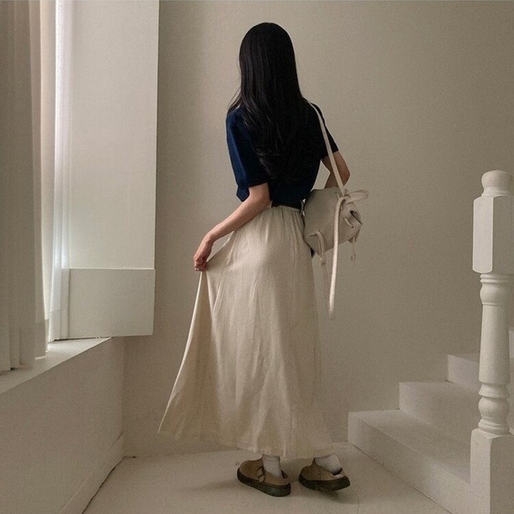 올비기닝 핀턱 밴딩 롱 플리츠 스커트 베이지