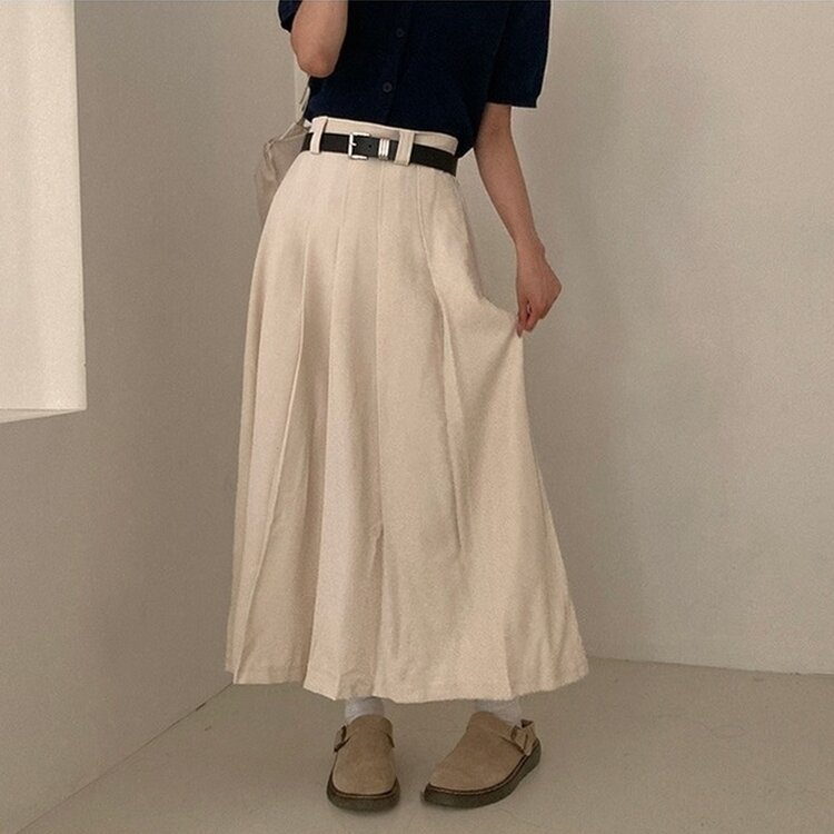 올비기닝 핀턱 밴딩 롱 플리츠 스커트 베이지