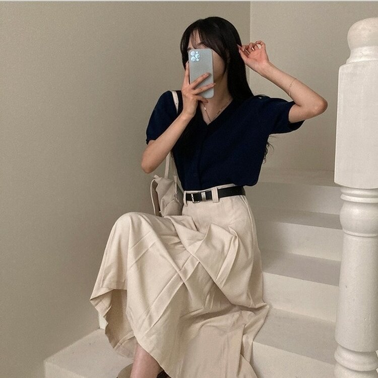 올비기닝 핀턱 밴딩 롱 플리츠 스커트 베이지