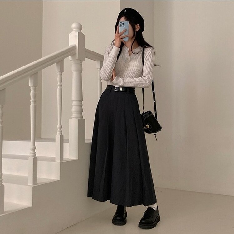 올비기닝 핀턱 밴딩 롱 플리츠 스커트 차콜