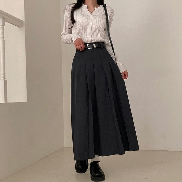 올비기닝 핀턱 밴딩 롱 플리츠 스커트 차콜