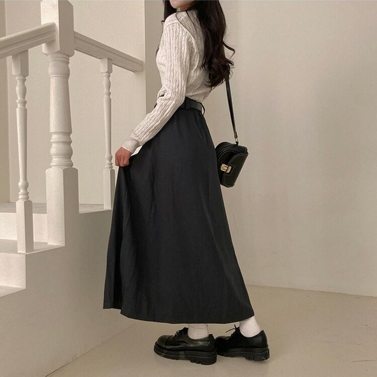 올비기닝 핀턱 밴딩 롱 플리츠 스커트 차콜