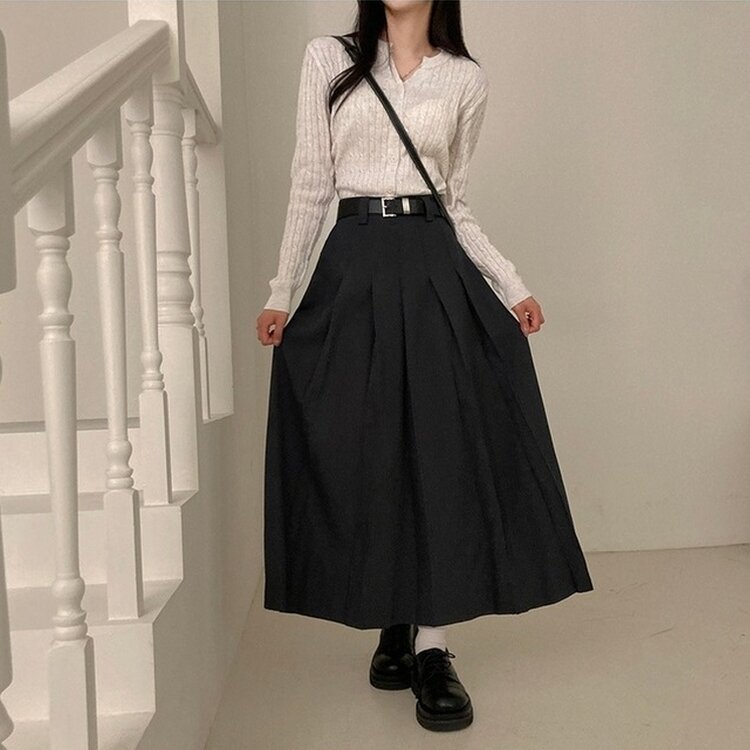 올비기닝 핀턱 밴딩 롱 플리츠 스커트 차콜