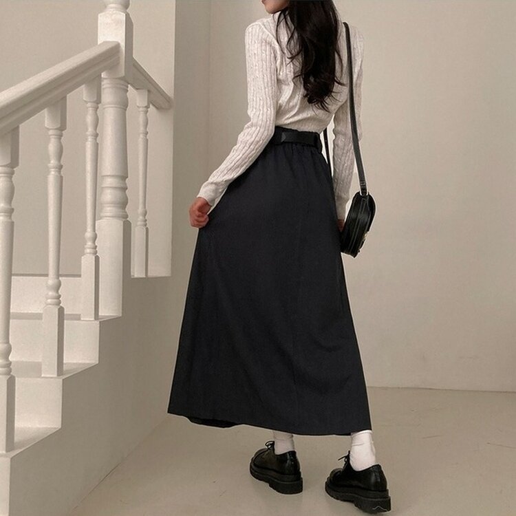 올비기닝 핀턱 밴딩 롱 플리츠 스커트 차콜