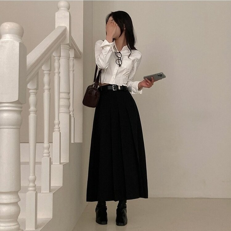 올비기닝 핀턱 밴딩 롱 플리츠 스커트 블랙