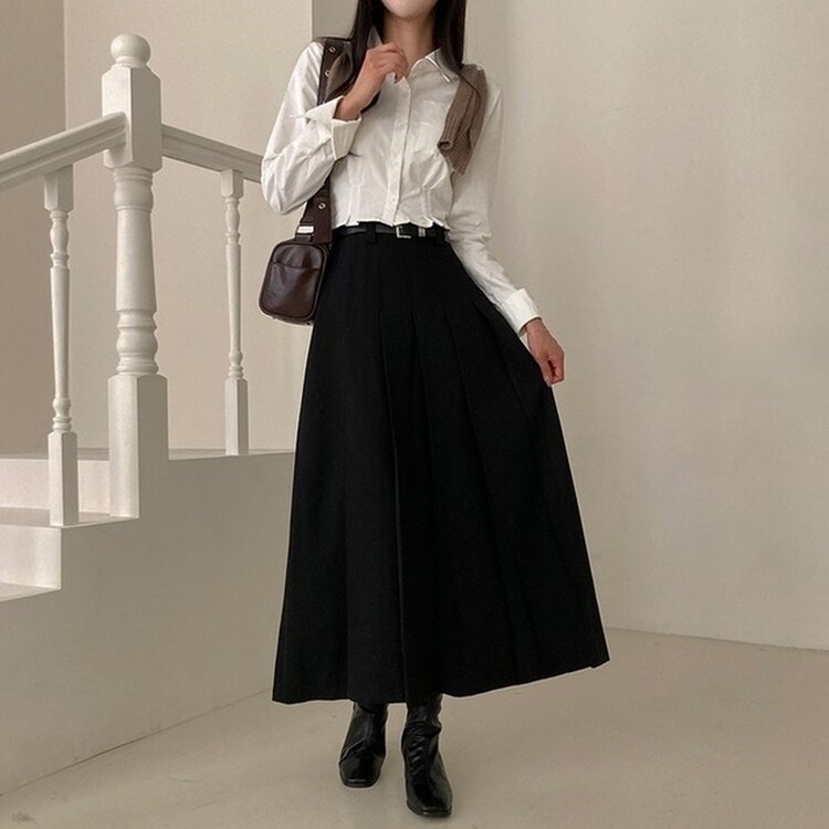 올비기닝 핀턱 밴딩 롱 플리츠 스커트 블랙