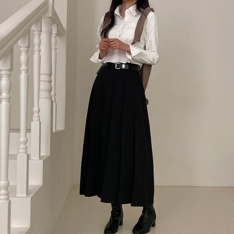 올비기닝 핀턱 밴딩 롱 플리츠 스커트 블랙