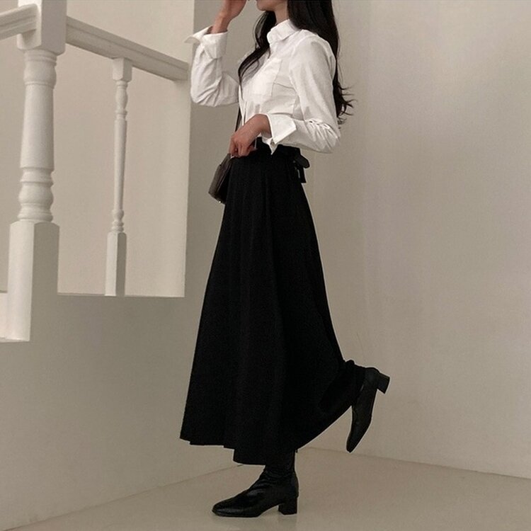 올비기닝 핀턱 밴딩 롱 플리츠 스커트 블랙