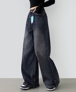 ワイド 【SHORT/BASIC/LONG 丈別】スナップロングワイドデニムパンツ GRAYISH BLUE