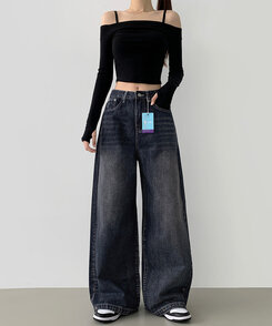 ワイド 【SHORT/BASIC/LONG 丈別】スナップロングワイドデニムパンツ GRAYISH BLUE