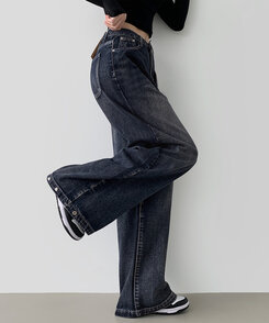 ワイド 【SHORT/BASIC/LONG 丈別】スナップロングワイドデニムパンツ GRAYISH BLUE