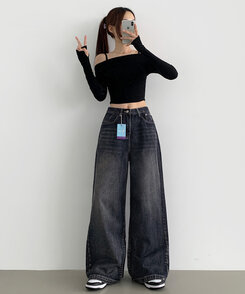 ワイド 【SHORT/BASIC/LONG 丈別】スナップロングワイドデニムパンツ GRAYISH BLUE