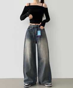 ワイド 【SHORT/BASIC/LONG 丈別】スナップロングワイドデニムパンツ VINTAGE BLUE