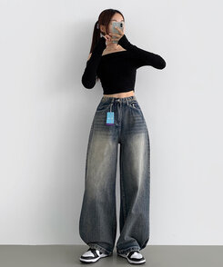 ワイド 【SHORT/BASIC/LONG 丈別】スナップロングワイドデニムパンツ VINTAGE BLUE