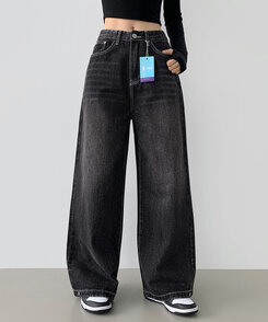 ワイド 【SHORT/BASIC/LONG 丈別】スナップロングワイドデニムパンツ BLACK