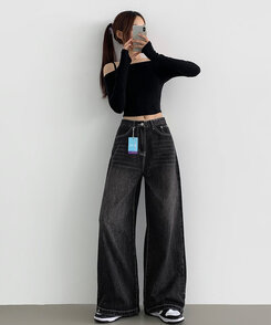 ワイド 【SHORT/BASIC/LONG 丈別】スナップロングワイドデニムパンツ BLACK