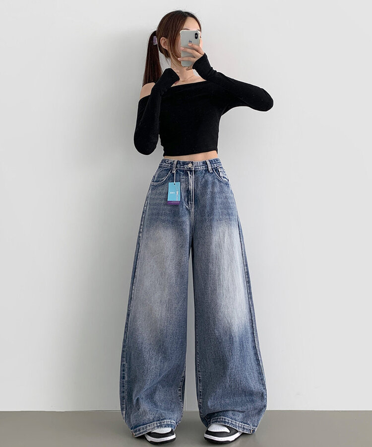 3XL밑단스냅 4계절 워싱갑 밴딩 롱와이드 데님팬츠 연청