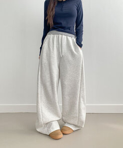 퍼트 사이드 폴링 핀턱 와이드 트레이닝 롱팬츠 백멜란지