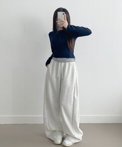 퍼트 사이드 폴링 핀턱 와이드 트레이닝 롱팬츠 백멜란지