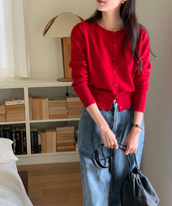 ラウンドネックカーディガン RED