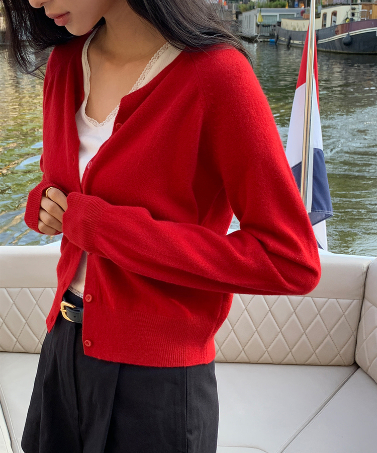 ラウンドネックカーディガン RED