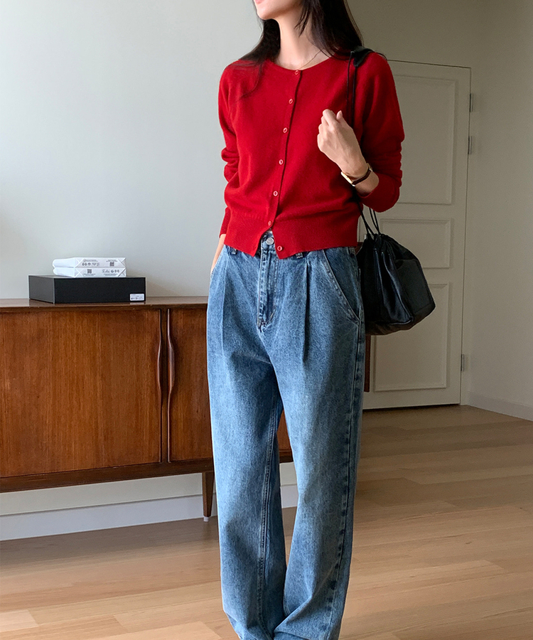 ラウンドネックカーディガン RED