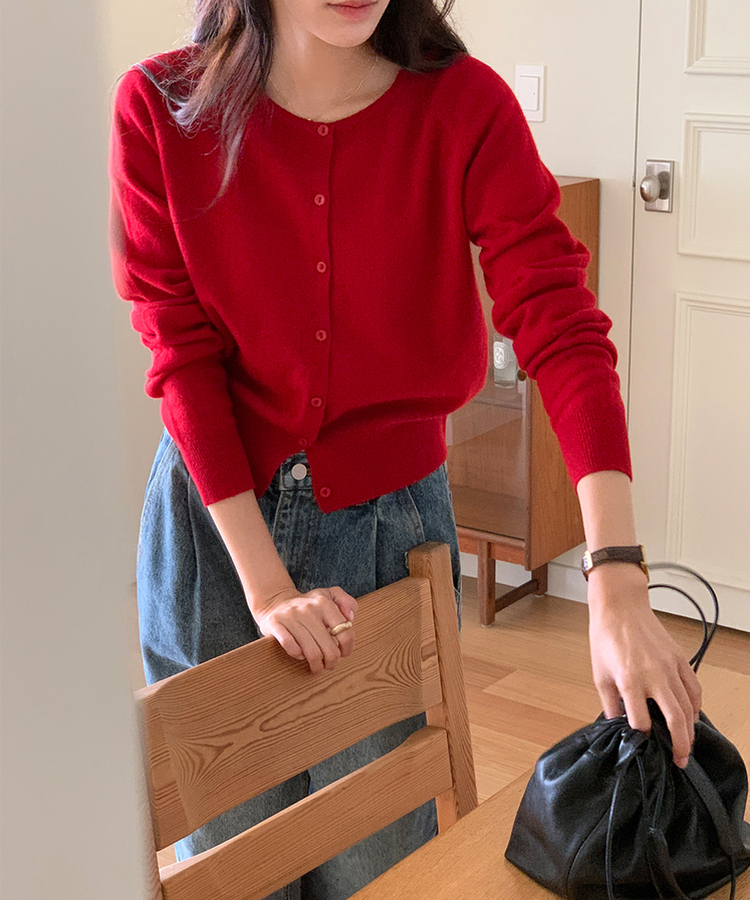 ラウンドネックカーディガン RED