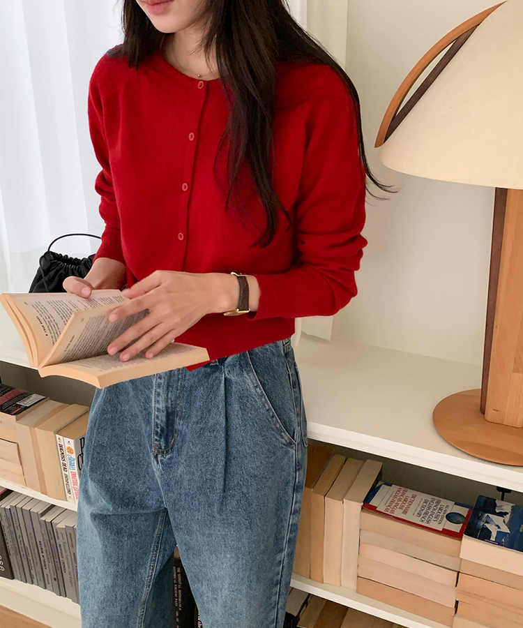 ラウンドネックカーディガン RED