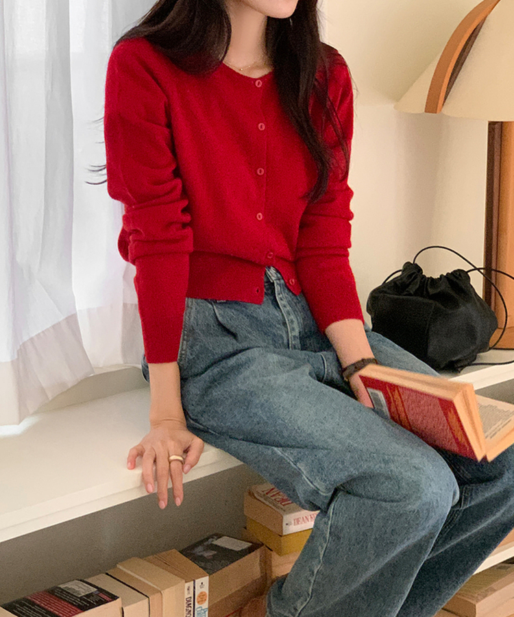 ラウンドネックカーディガン RED