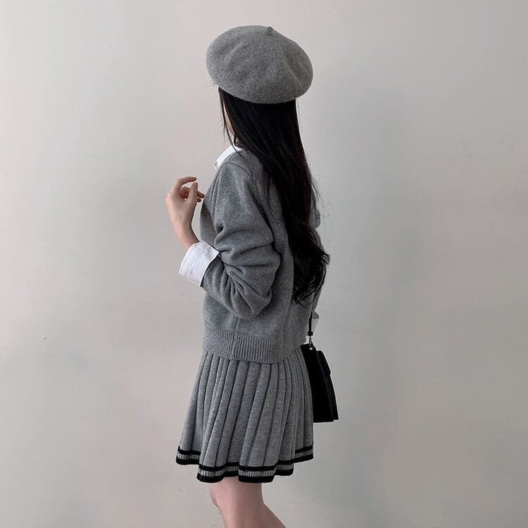 SET】刺繍ニットカーディガン バンディングプリーツミニスカート