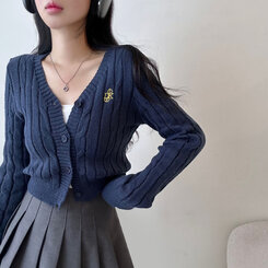 ケーブルクロップVネックニットカーディガン NAVY