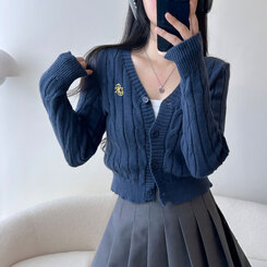 ケーブルクロップVネックニットカーディガン NAVY