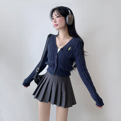 ケーブルクロップVネックニットカーディガン NAVY