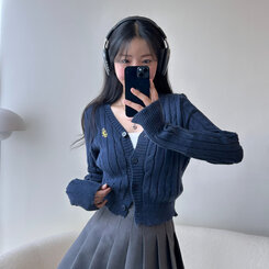 ケーブルクロップVネックニットカーディガン NAVY