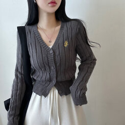 ケーブルクロップVネックニットカーディガン GRAY