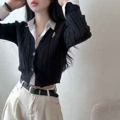 ケーブルクロップVネックニットカーディガン BLACK