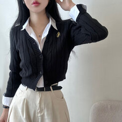 ケーブルクロップVネックニットカーディガン BLACK