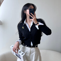 ケーブルクロップVネックニットカーディガン BLACK